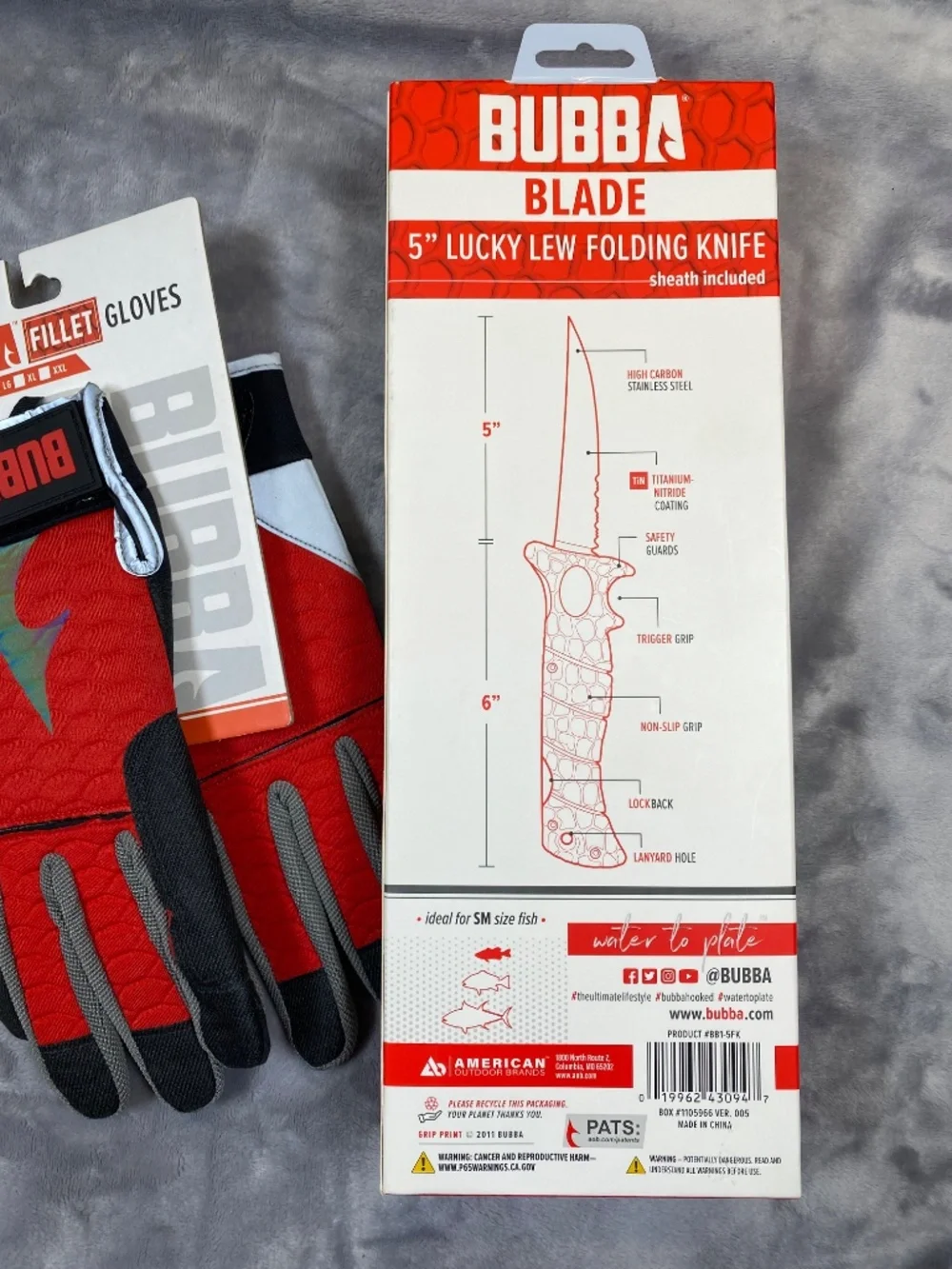 Bubba Fillet Knife and Fillet Gloves sz Medium - 5in Lucky Lew Folding Knife NEW